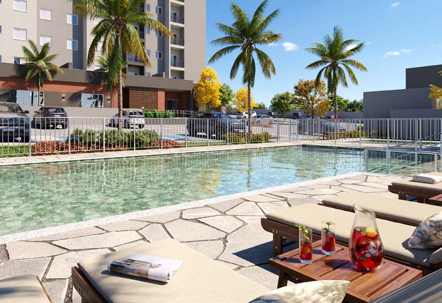 Piscina adulto com solário e deck