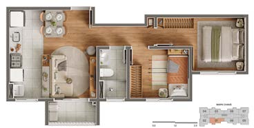 Planta Apto 201 com terraço — 44,79 m²